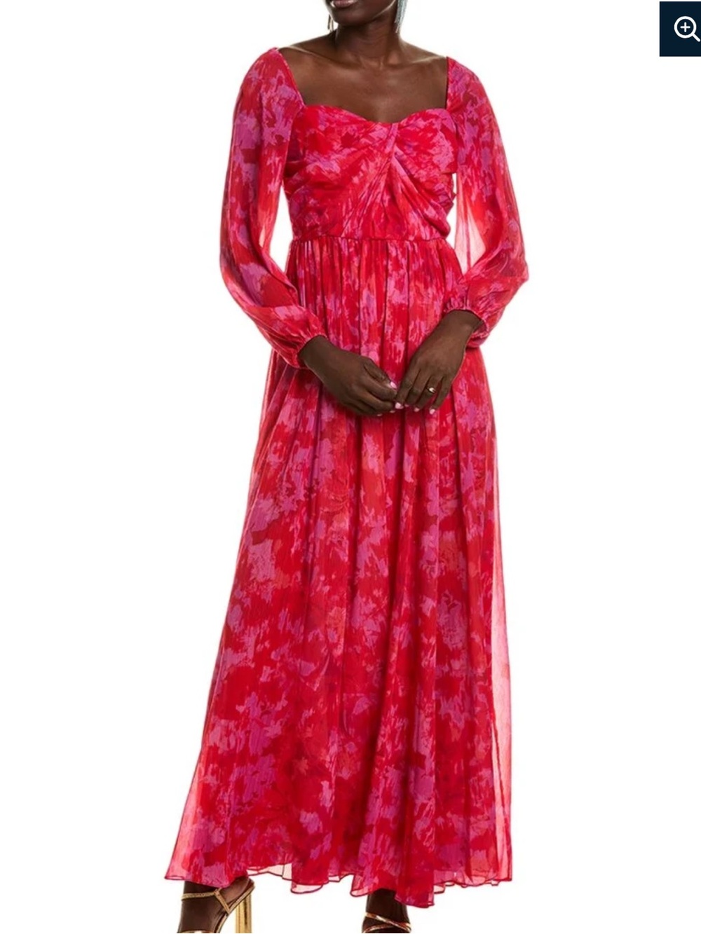 ML Monique Lhuillier Emery Chiffon Maxi Dress Pink Red Floral Long Sleeve